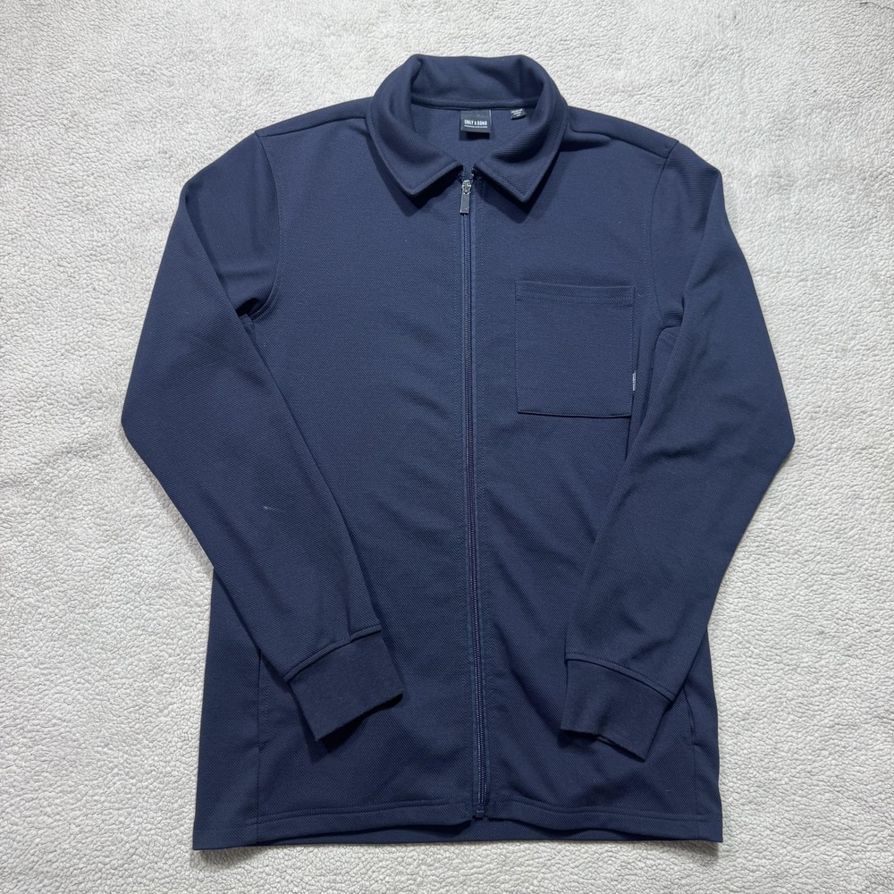 Only & Sons Overshirt Mens Large Navy Blue Full Zip Collar Pocket Stretch Casual